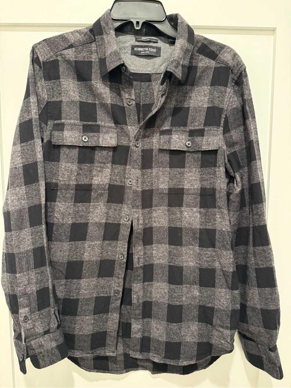 Kenneth Cole Gray and Black Plaid Button-Down Shirt Jacket